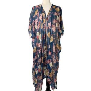 Womens Kimono Duster Size Small Sheer Blue Pink Floral Festival Boho Fairy Flowy